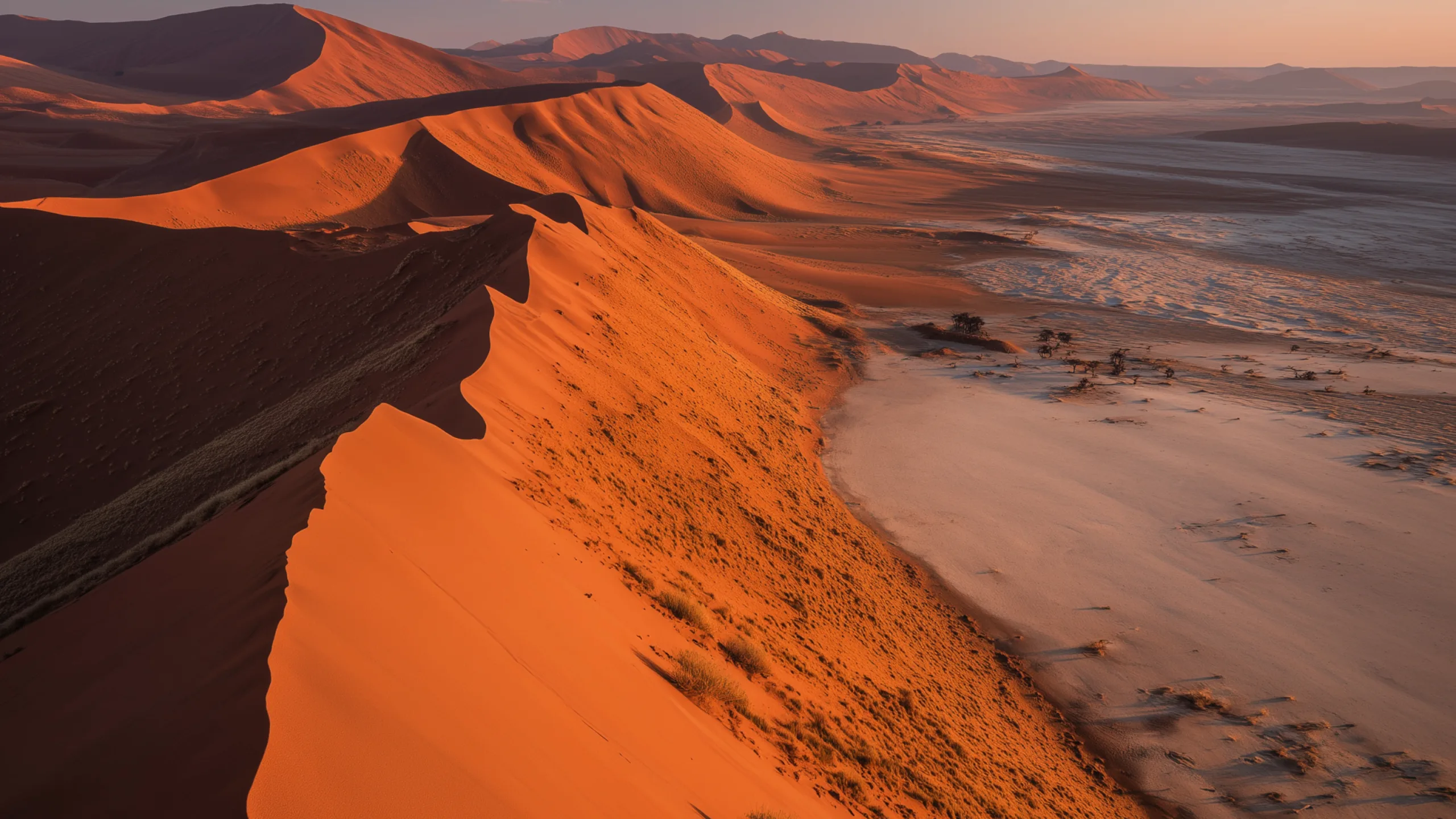 The dune ridge above Deadvlei at sunrise, on an ultrawide display