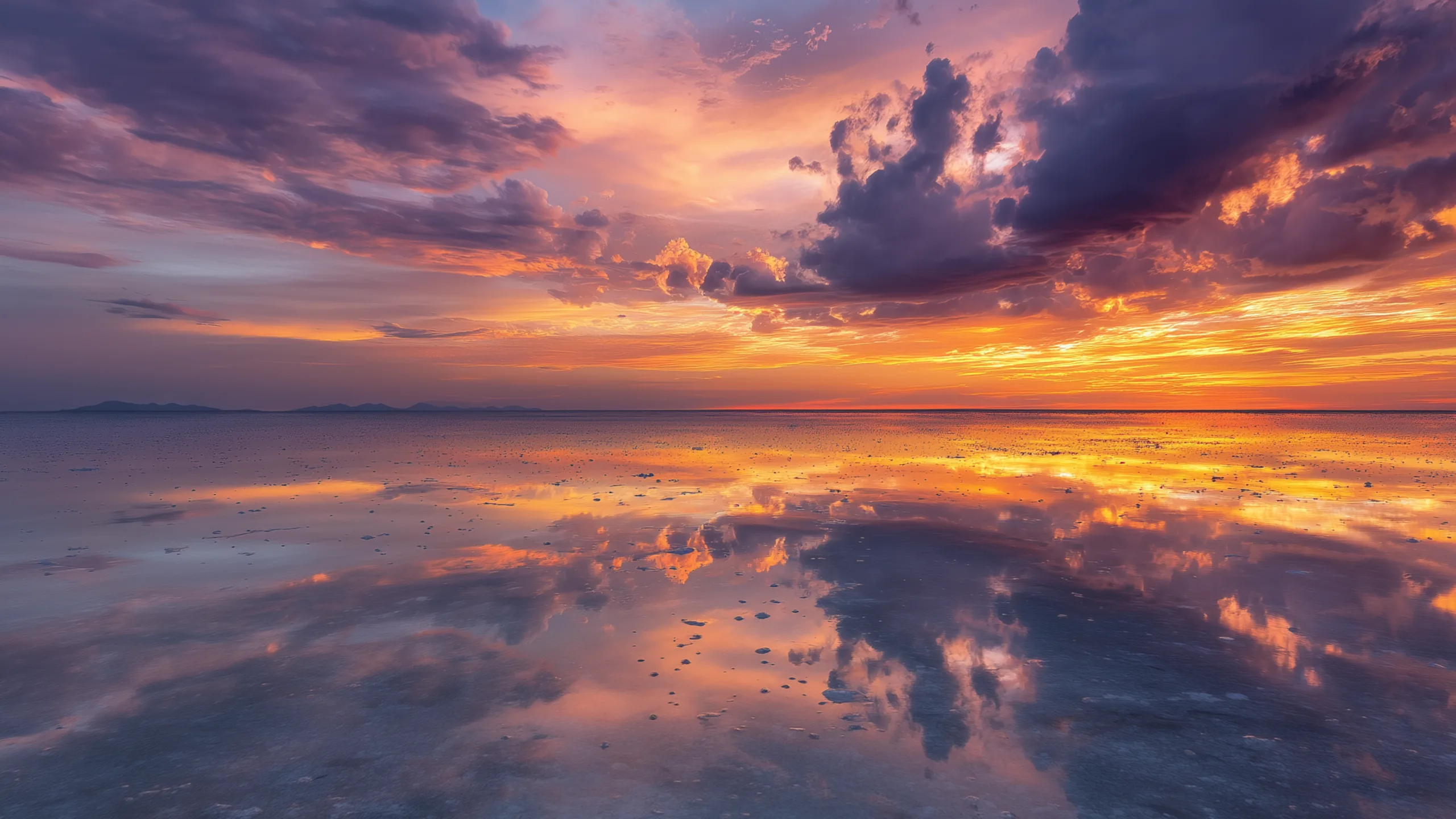 Salar de Uyuni at sunrise, the salt flat mirroring a sky of orange and violet cloud