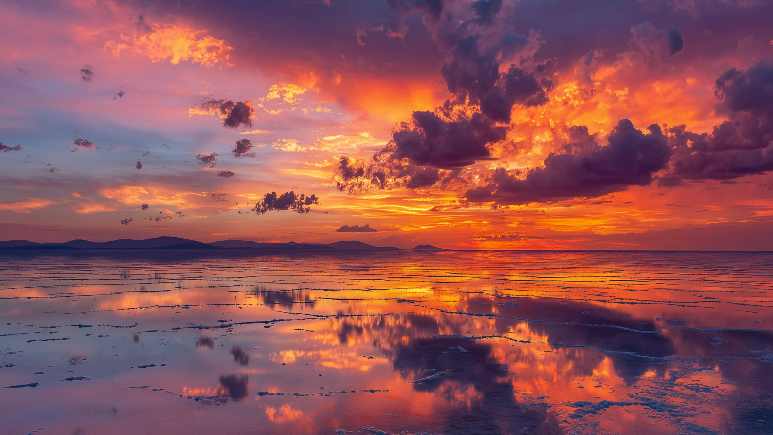 Salar de Uyuni at sunset, burning orange cloud doubled in the water